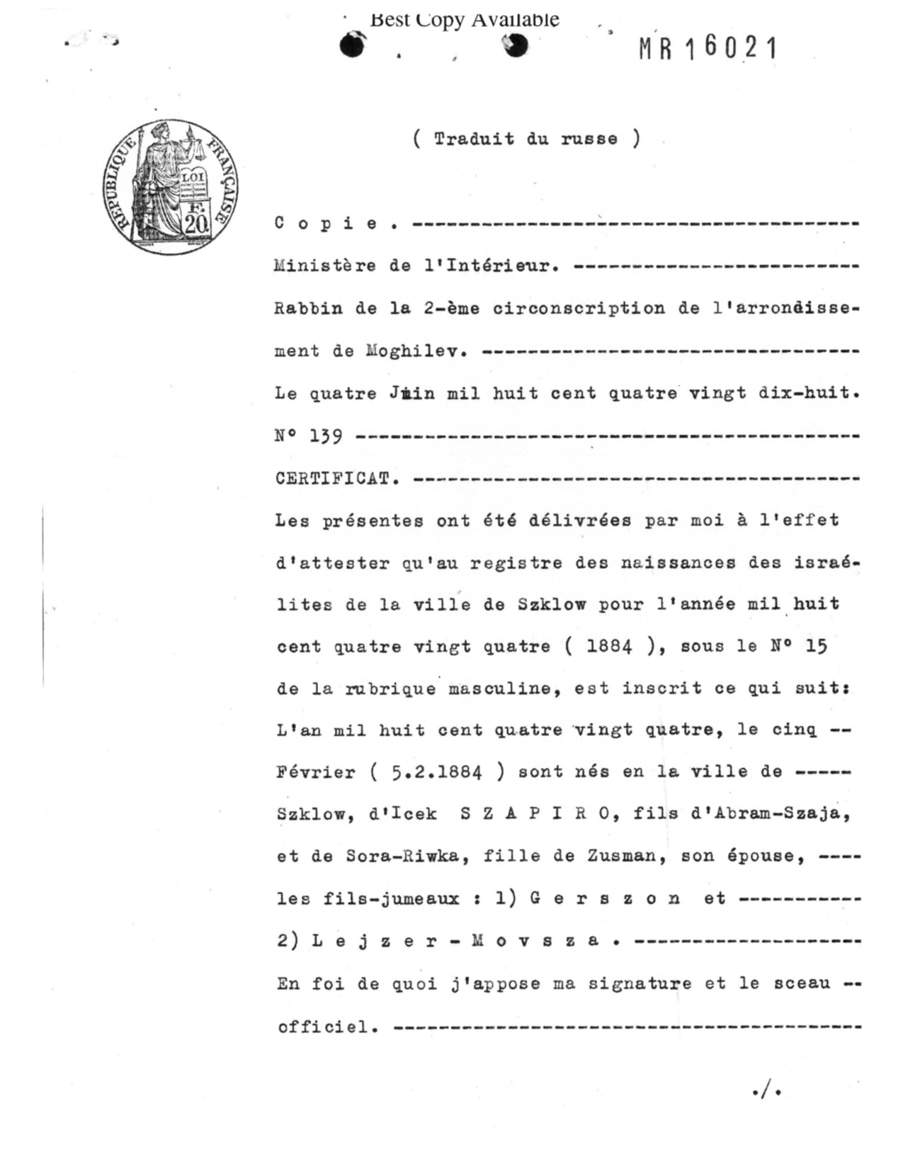 Birth certificate of Gerszon and Leyzer-Movsha Szapiro (French copy) - 1948-04-11